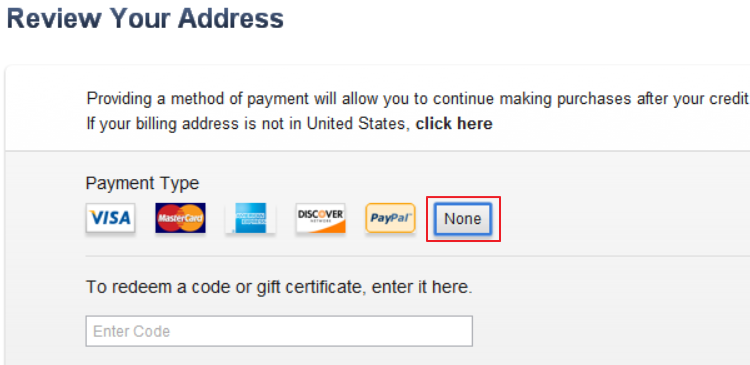 CC entry screen without CC